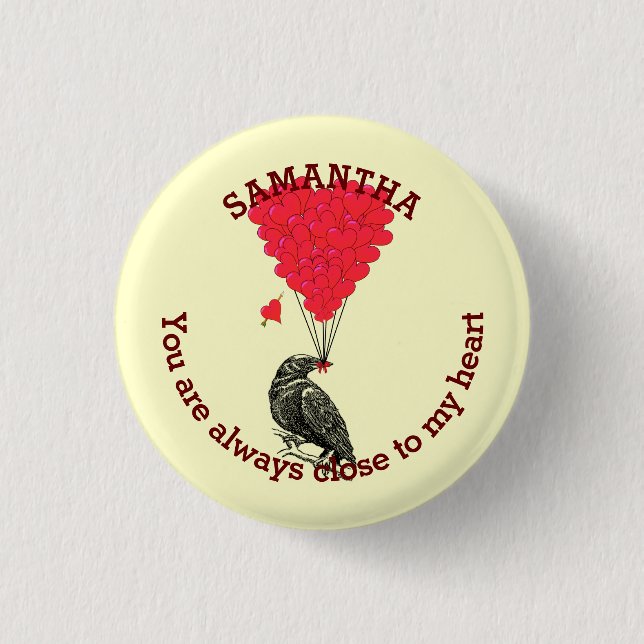 Romantic gothic crow and red heart personalized button (Front)