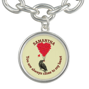 Romantic gothic crow and red heart personalized charm bracelet