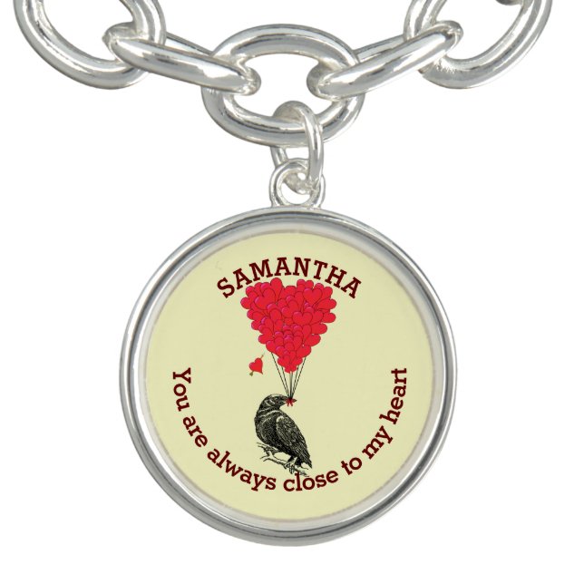 Romantic gothic crow and red heart personalized charm bracelet (Design)