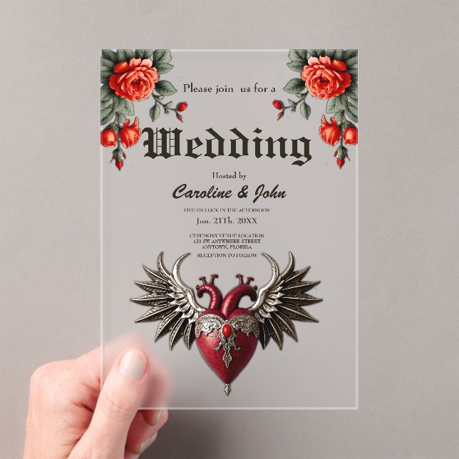 Romantic Gothic icon: heart, rose, skull. Acrylic Invitations (Insitu (Handheld))