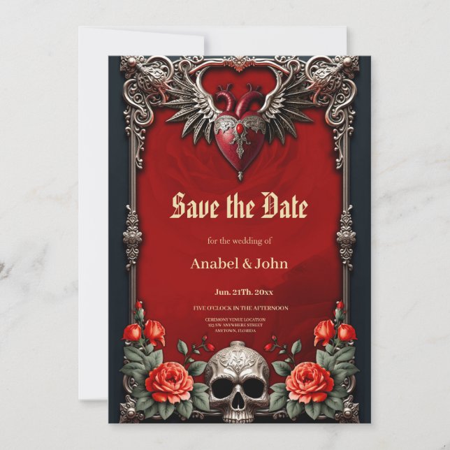 Romantic Gothic icon: heart, rose, skull.  Save The Date (Front)