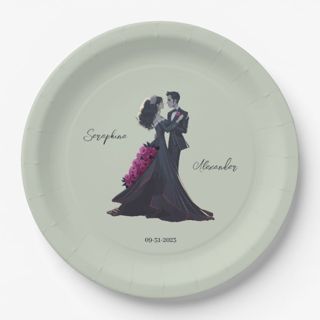 Romantic Gothic Lovers Elegant Wedding Paper Plates (Front)