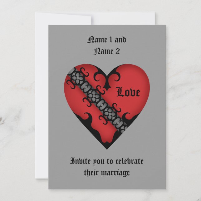 Romantic gothic medieval red heart wedding invitation (Front)