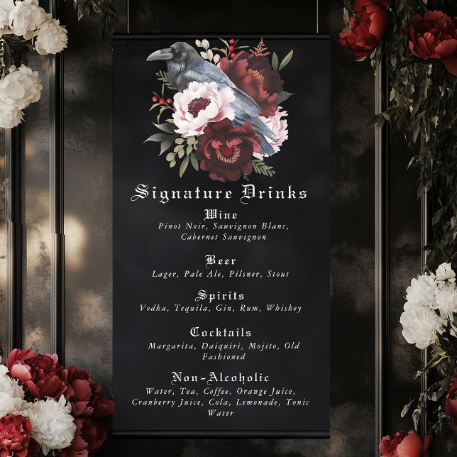 Romantic Gothic Raven Wedding Drinks Bar Menu Banner (Creator Uploaded)