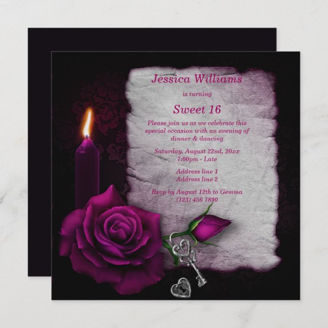 Romantic Gothic Rose, Candle, Key & Lock Sweet 16 Invitation (Front/Back)
