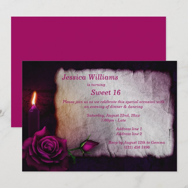 Romantic Gothic Rose & Candle Sweet 16 Invitation (Front/Back)