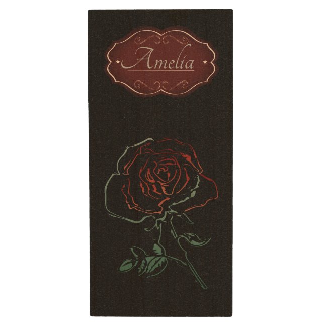 Romantic Gothic Rose Elegant Personalised Wood Flash Drive (Front Vertical)