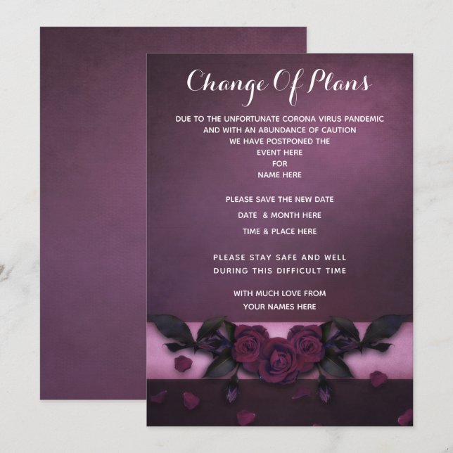 Romantic Gothic Roses & Petals Change Of Plans Invitation (Front/Back)