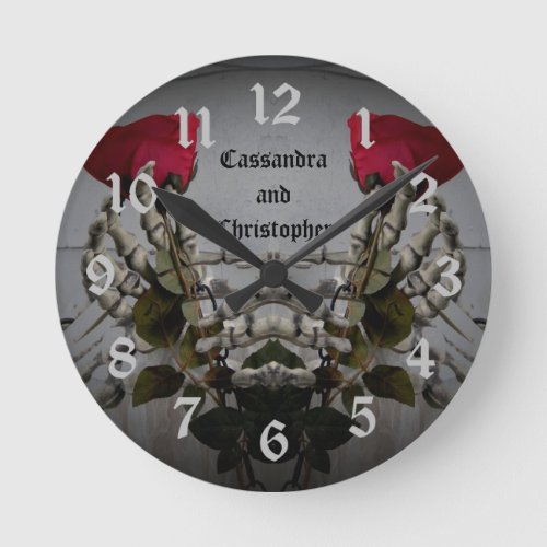Romantic gothic skelton hands holding red roses round clock