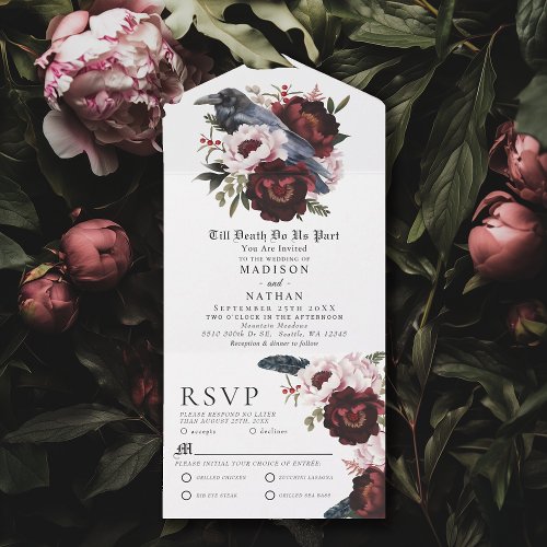 Romantic Gothic Watercolor Raven Floral Wedding All In One Invitation