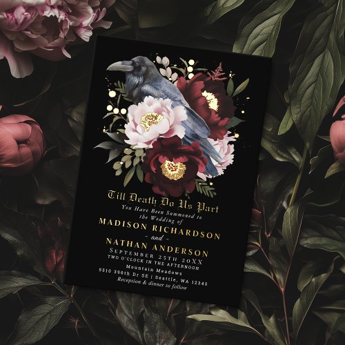 Romantic Gothic Watercolor Raven Floral Wedding Foil Invitation