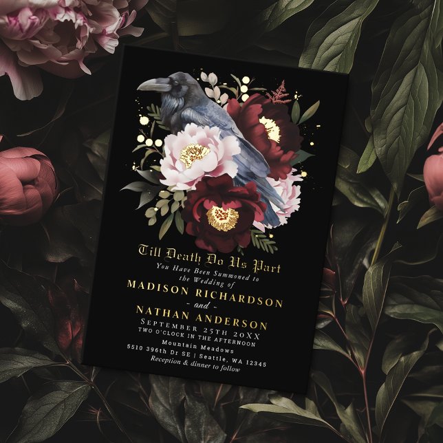 Romantic Gothic Watercolor Raven Floral Wedding Foil Invitation (Creator Uploaded)