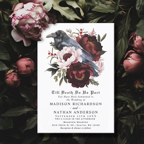 Romantic Gothic Watercolor Raven Floral Wedding Invitation