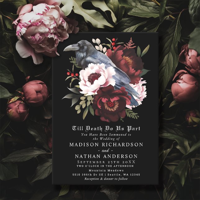 Romantic Gothic Watercolor Raven Floral Wedding Invitation (Creator Uploaded)