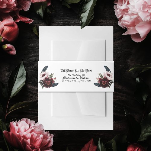 Romantic Gothic Watercolor Raven Floral Wedding Invitation Belly Band