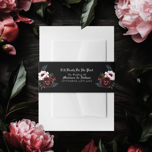 Romantic Gothic Watercolor Raven Floral Wedding Invitation Belly Band