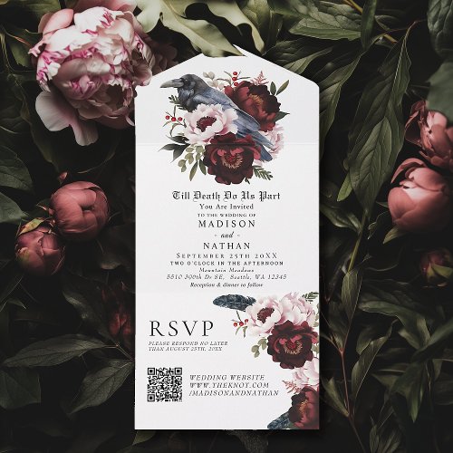 Romantic Gothic Watercolor Raven Floral Wedding QR All In One Invitation