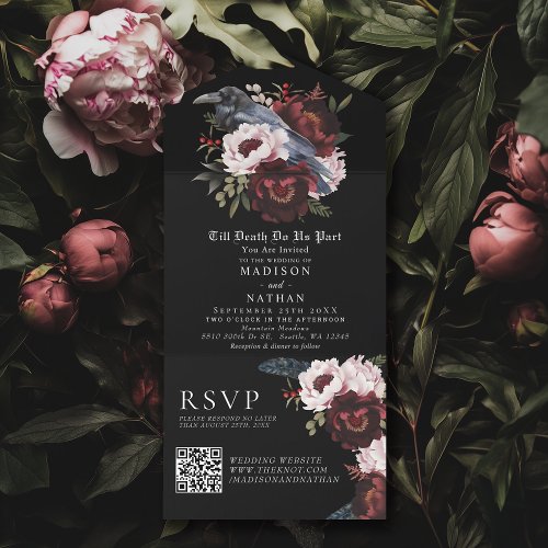 Romantic Gothic Watercolor Raven Floral Wedding QR All In One Invitation