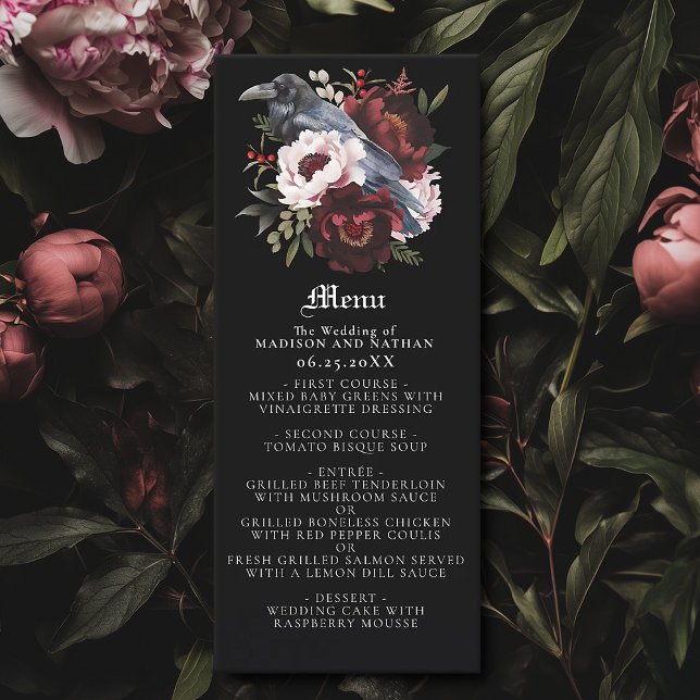 Romantic Gothic Watercolor Raven Wedding Menu (Creator Uploaded)