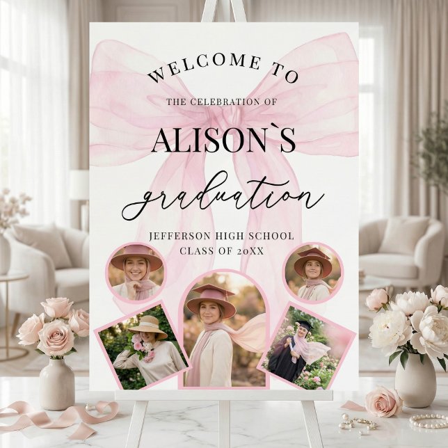 Romantic Graduation welcome with Photos Foam Board (#graduationfoamboard #graduatesign #classof2026 #pinkbowfoamboard #photograduation #modernsign)