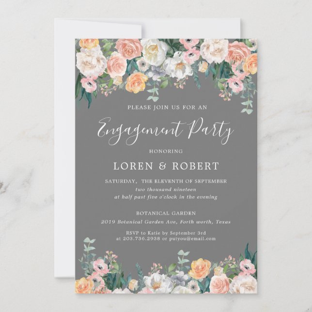 Romantic Gray and Blush Floral Engagement Party Invitation (Front)