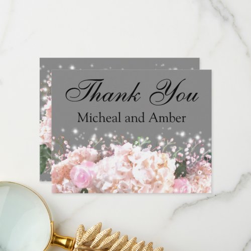 Romantic gray  white lace hydrangeas pink roses thank you card