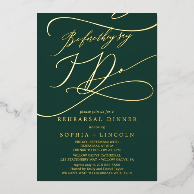 Romantic Green and Gold Foil Before I Do Rehearsal Foil Invitation (Front)