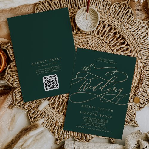 Romantic Green and Gold QR Code All In One Wedding Invitation