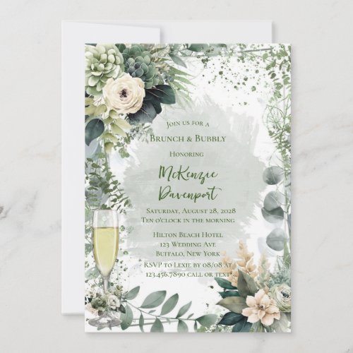 Romantic Green Beige Peony Brunch  Bubbly Invitation