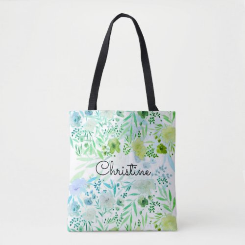 romantic green blue watercolor flowers pattern tote bag