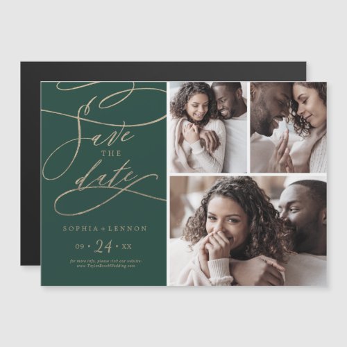 Romantic Green Calligraphy 3 Photo Save the Date Magnetic Invitation