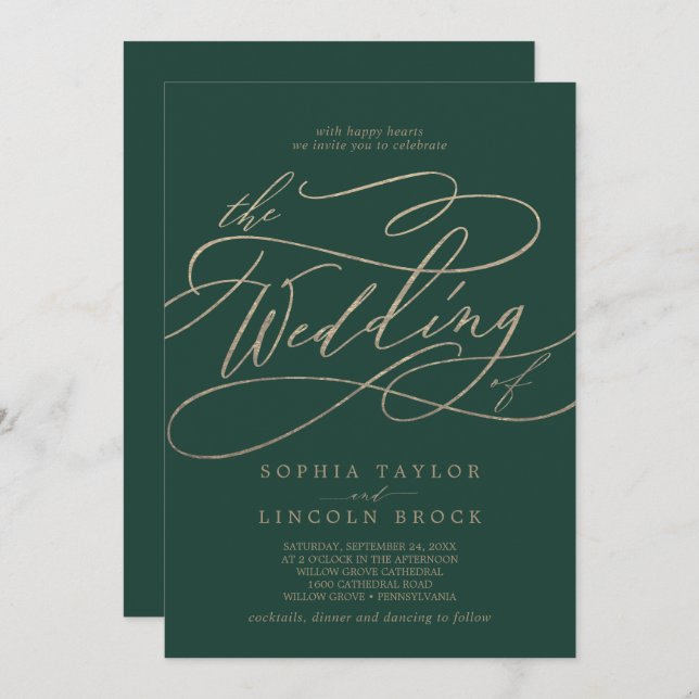 Romantic Green Calligraphy All In One Wedding Invitation (Front/Back)
