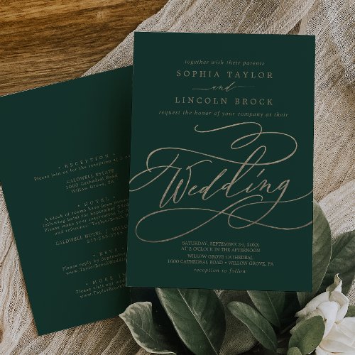 Romantic Green Calligraphy Details on Back Wedding Invitation