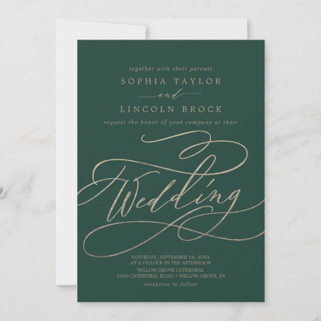 Romantic Green Calligraphy | Flourish Wedding Invitation (Front)