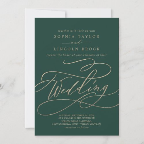 Romantic Green Calligraphy  Flourish Wedding Invitation