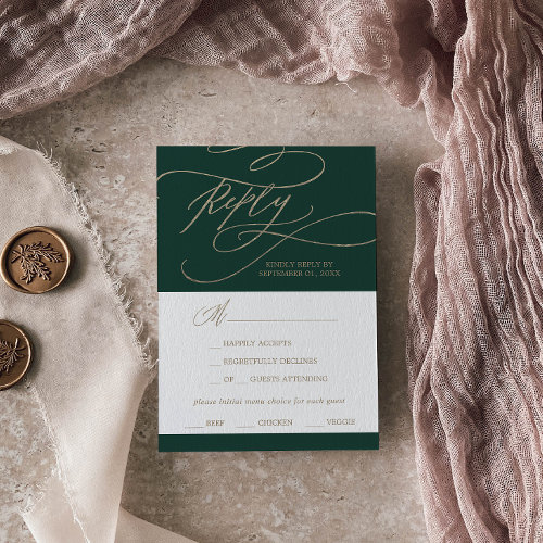 Romantic Green Calligraphy Menu Choice RSVP Card