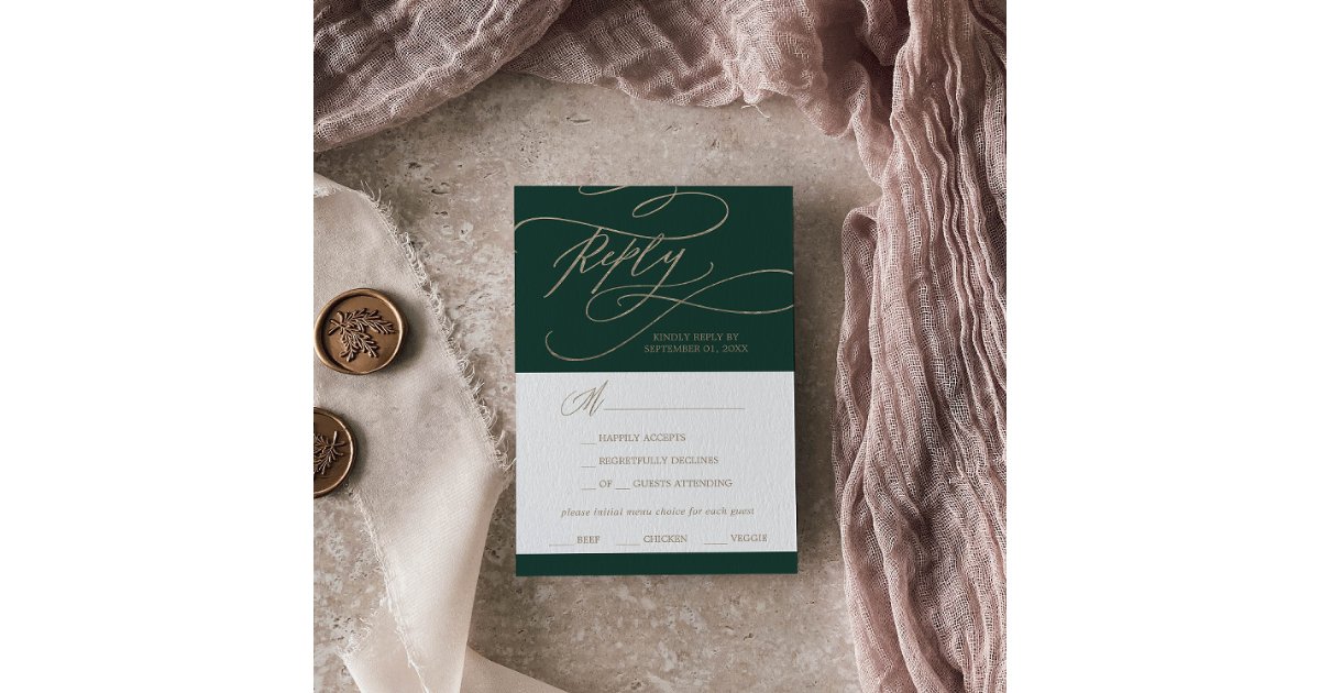 Romantic Green Calligraphy Menu Choice RSVP Card | Zazzle