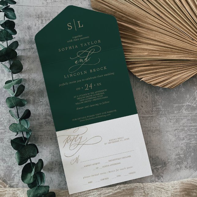 Romantic Green Calligraphy Monogram Wedding All In One Invitation (Creator Uploaded)