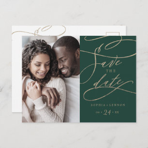 Romantic Green Calligraphy Photo Save the Date Invitation Postcard