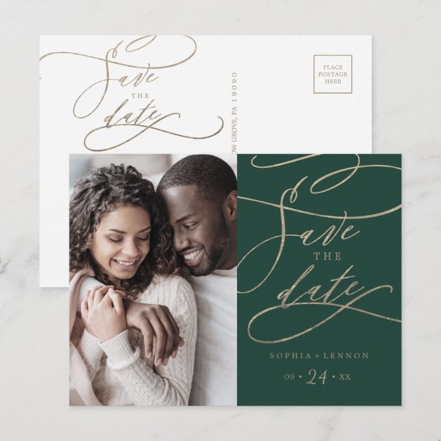 Romantic Green Calligraphy Photo Save the Date Invitation Postcard (Front/Back)