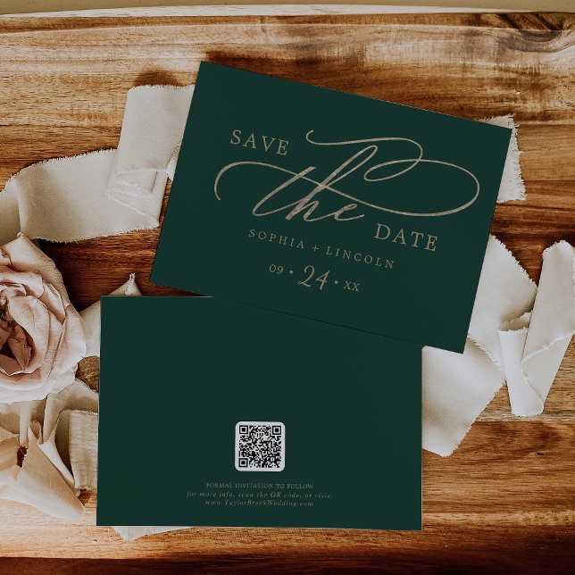 Romantic Green Calligraphy QR Code Horizontal Save The Date (Creator Uploaded)
