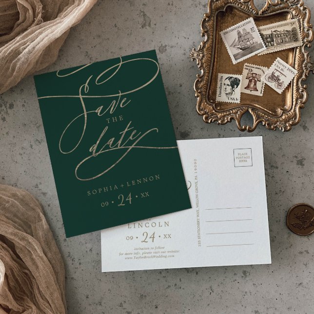 Romantic Green Calligraphy Save the Date Postcard