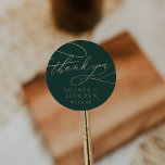 Romantic Green Calligraphy Thank You Favor Sticker<br><div class="desc">These romantic green calligraphy thank you favor stickers are perfect for a simple wedding reception. The modern classic design features fancy swirls and whimsical flourishes with gorgeous elegant hand lettered faux champagne gold foil typography. Personalize the sticker labels with your names, the event (if applicable), and the date. These stickers...</div>