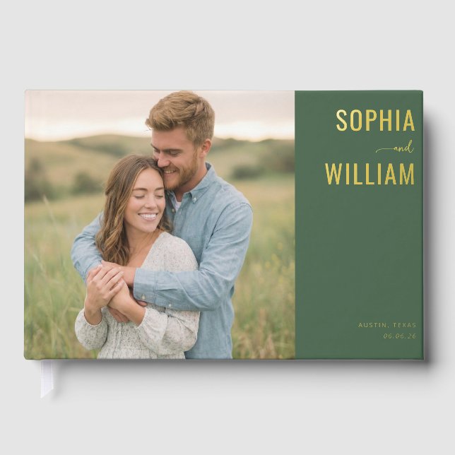 Romantic Green Contemporary Photo Foil Guest Book (Front)