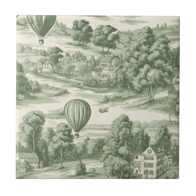 Romantic Green Countryside Toile Balloon Pattern Ceramic Tile (Front)