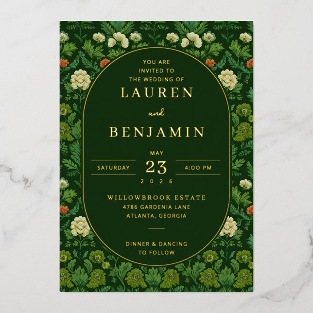 Romantic Green Floral Garden Foil Invitation (Front)
