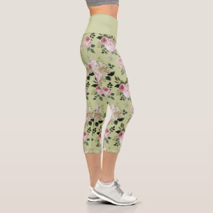 Romantic green floral pattern roses capri leggings