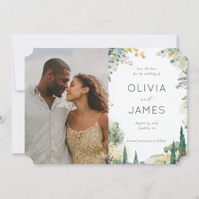 Romantic Green Floral Photo Save The Date (Front)