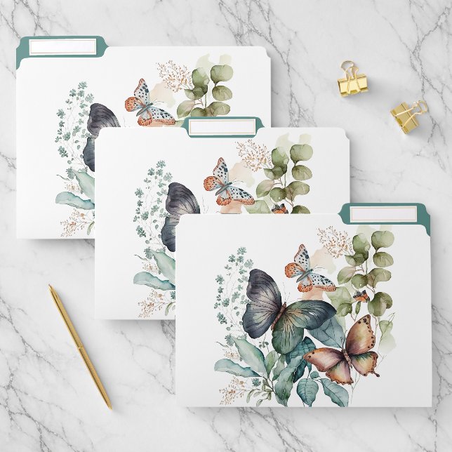 Romantic green flowers butterfly file folder (Set)