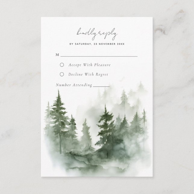 Romantic green forest Wedding RSVP Card (Front)